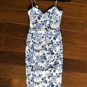 Spaghetti Strap Blue White Floral Pencil Dress